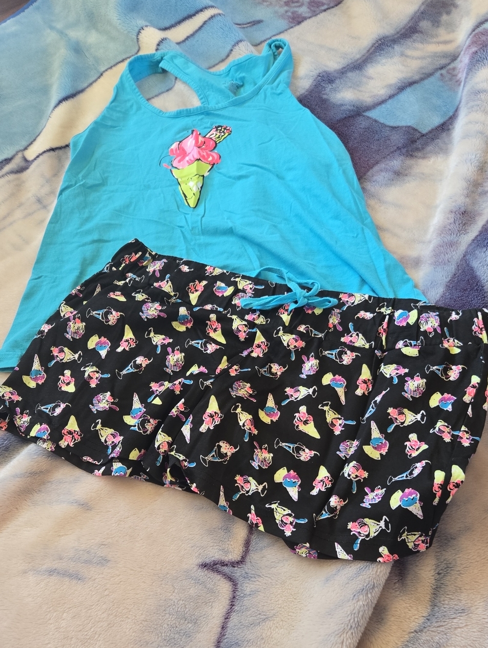 Kids Ice Cream Tank & Shorts Pajama Set - Blue Top, Black Ice Cream Print Shorts
